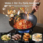 Carbon Steel Wok, 13-Inch Chinese Round Bottom Wok with lid, Woks & Stir-Fry Pans Nonstick for Induction, Electric, Gas Stoves