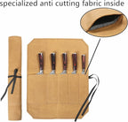 Knife Roll, Knife Cases Organizer-Durable Waxed Canvas With Cut Resistant Lining -5 Pockets (Khaki)
