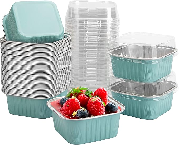 50 Pcs Mini Square Baking Cups with Lids,10oz Aluminum Foil Mini Cake Pans with Lids,Disposable Ramekins Cake Pans,300ml Dessert Cups Cupcake Pans for Wedding Birthday Party,Blue