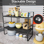 16.5-27’’L Expandable Cabinet Shelf Organizers, Stackable Metal Shelves Extender for Kitchen Countertop Storage, Adjustable Spices Shelves Rack Stand for Cupboard Pantry, Black