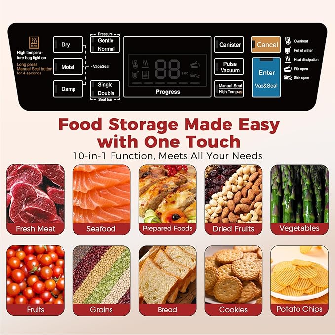 95KPa Vacuum Sealer Machine for food,Full Automatic with Double 12mm Heat Seal, 10in 1 Modes, Built in Cutter & Bag Storage, Includes 1 Roll and 10pcs Pre cut Bags
