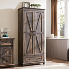 AMERLIFE 2 Pcs Farmhouse Kitchen Pantry Cabinet, 72" Tall Storage Cabinet with Adjustable Shelves & Barn Doors & Drawer, Freestanding Kitchen Cupboard for Dining Room, Living Room, Dark Rustic Oak