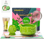 TEANAGOO 7-PCS Green Matcha Whisk Set with Cherry Blossom Design, Complete Ceremony Kit, Ceramic Chawan Bowl with Spout, Whisk & Accessories, Traditional Matcha Tea Set for Lattes& Gift Giving