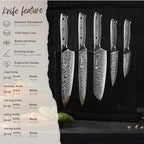 Wakoli Damascus Knife Block Set – 5-Piece Professional Chef Knife Collection with Magnetic Block | Genuine 67-Layer Damascus Steel Blades with VG10 Core | Ergonomic G10 Handles (Noir Blanc)