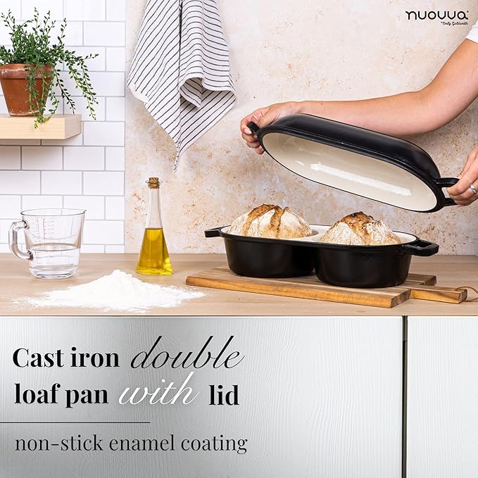 nuovva Dutch Oven for Sourdough Bread Baking – Enamelled Cast Iron Bread Loaf Pot – 500°F Oven Safe Non Stick Bread Pot – Double Round Loaf Space, 16.5cm Diameter, Black