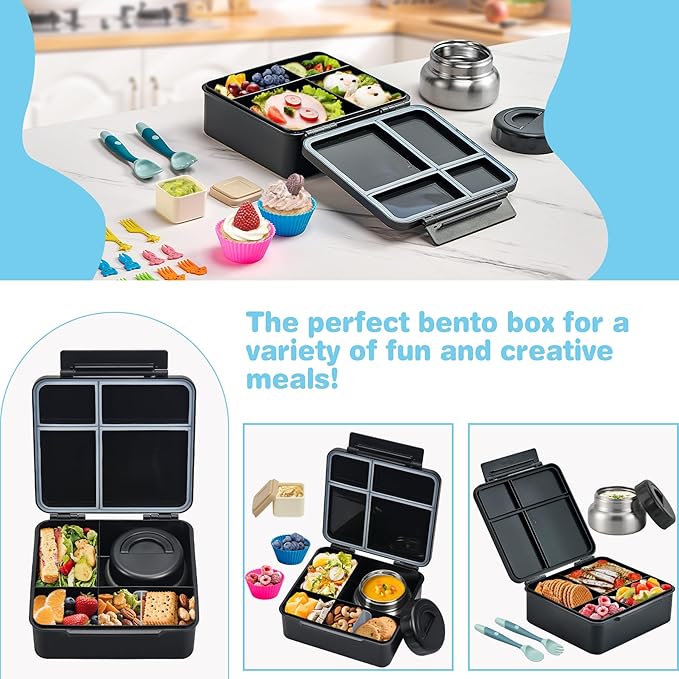 Bento Lunch Box with 9.5 oz Soup Thermo, Kids Leakproof 4 Compartments Bento Box with Silicone Cupcake,Fruit Fork,Spoon and Sauce Cup,Insulated Food Jar for School Travel-Game