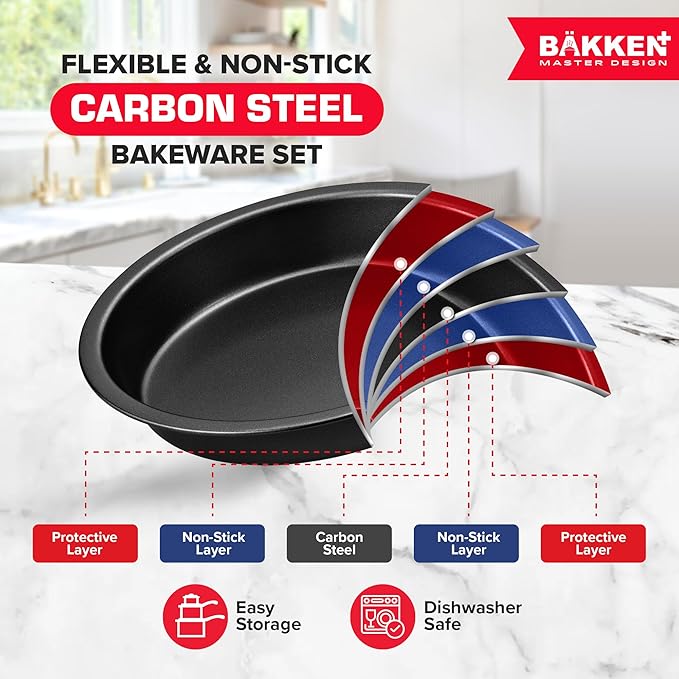 Baking Set – 10 Piece – Deluxe Non Stick Black Coating Inside and Outside – Carbon Steel Bakeware Set – PFOA PFOS and PTFE Free by Bakken