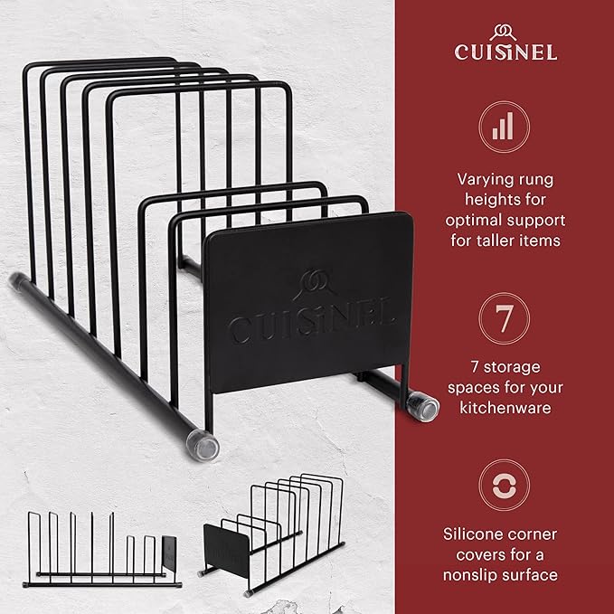 Cuisinel Pot Lid and Dish Organizer Rack - Matte Black Kitchen Storage/Organization Stand - 7-Tier Cabinet/Counter, Cookware, Pots and Pan Lids/Covers, Cutting Board Holder Organizer