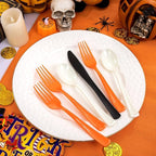 NOCCUR 180PCS Halloween Plastic Silverware Set - Tricolor Flatware Disposable Supplies Include 60 Black Knives, 60 Orange Forks, 60 White Spoons - Ideal for Thanksgiving Party