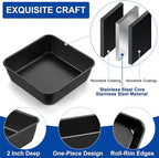 E-far 6 Inch Square Cake Pan Set of 2, Nonstick Small Baking Pan with Stainless Steel Core for Brownies Lasagna Cakes, Non-toxic & Easy Clean, 2 Inch Deep (Black)