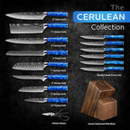 SENKEN 16-Piece Kitchen Knife Block Set - Japanese Chef's Knife Set with Laser Damascus Pattern, Includes 6 Steak Knives and Smoothly-Finished Acacia Hardwood Knife Block (Blue Resin Handles)