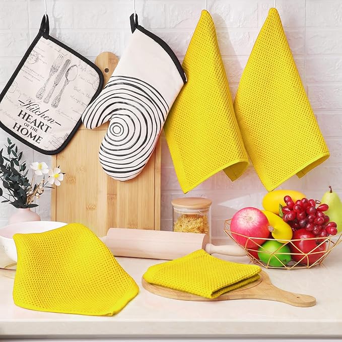 Homaxy 100% Cotton Waffle Weave Kitchen Dish Cloths, Ultra Soft Absorbent Quick Drying Dish Towels, 12 x 12 Inches, 8-Pack, Yellow