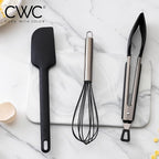 COOK WITH COLOR Stainless Steel Silicone Tipped Kitchen & BBQ Tongs Set, 3 Pc Utensils, Black