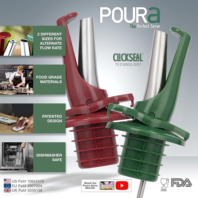 Poura Oil and Vinegar Dispenser Spouts | Airtight ClickSeal BPA Free Bottle Pourers Keeps Oil Fresh with Built-in Caps | Use Your Own Bottles as Vinegar Dispensers | Dishwasher Safe