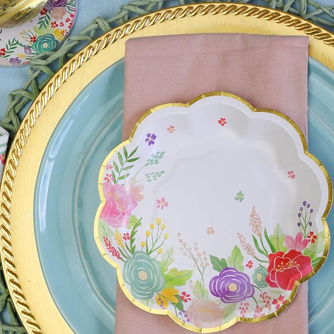 Kate Aspen Garden Blooms 62pc Paper Plates Napkins, 16pcs 7 inch & 16pcs 9 inch Heavy Duty Disposable Party Plates, 30pcs 6.5 inch Durable Paper Napkins for Bridal Shower, Baby Shower, Wedding Party