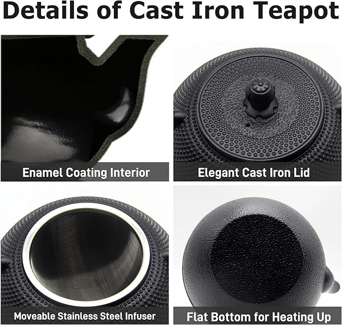 40.6oz Cast Iron Teapot, Japanese Tetsubin Tea Kettle for Stovetop Safe, Black Cast Iron Tea Kettle with Infuser for Loose Leaf, Tea Pot with Enameled Interior, Gift for Tea Lovers