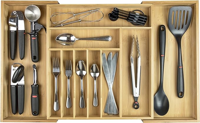 KitchenEdge Premium Silverware, Flatware and Utensil Organizer for Kitchen Drawers, Food-Safe Contract Grade, Expandable from 16 to 28 In, Natural Bamboo