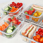 KOMUEE Glass Meal Prep Containers 3 Compartments, 5 Pack 36 oz, Glass Food Storage Containers with Lids, Airtight Lunch Bento Box, Portion Control, Freezer and Microwave Safe