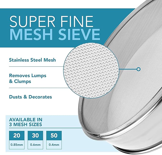 Stainless Steel Flour Sifter Fine Mesh Round Flour Sieve for Baking 12" Diameter x 2.5" High; 30 Mesh (Hole Size 0.6mm)