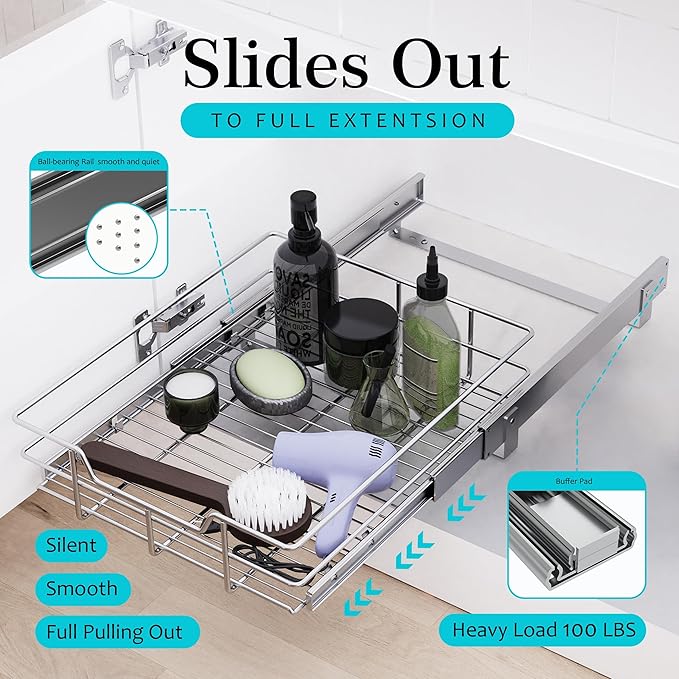Pull Out Cabinet Organizer 9" W X 17" D, Slide Out Drawers For Kitchen Organizers and Storage, Pull Out Drawers For Cabinets Capacity Heavy Duty Caddy, Cabinet Shelves Chrome-Plated, Bathroom Pantry