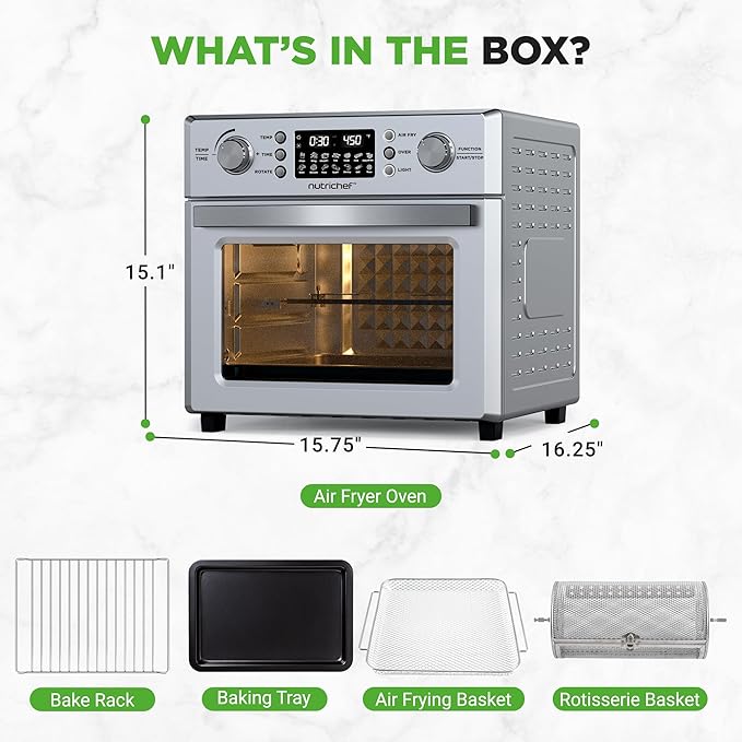 NutriChef 26L Electric Air Fryer Oven | 1700W Countertop Rotisserie & Air Fryer | 360° Rotating Feature | 10 Digital Menu Presets | Includes Drip Tray, Air Frying Basket & Bake Rack 15x16x14 (Silver)