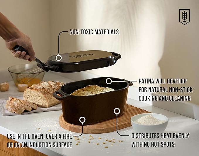 KooK Dutch Oven, for Bread Baking, Sourdough Loaf Pan, with Lid, Dual Handles, Enameled Cast Iron, includes Lid Lever, Dishwasher Safe, 3.4 Qt, Black