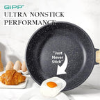 GiPP Nonstick Frying Pan Skillet with Lid - 11" Grey Granite Non Stick Pans, Omelette Pan with Heat-Resistant Handle, Compatible with All Stovetops, PFOA Free