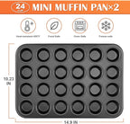 E-far 2 Pack Mini Muffin Pan - Nonstick 24-Cup Carbon Steel Cupcake Tin Tray for Little Bites & Freezer Prep | Warp-Free Bakeware Ensures Even Baking & Effortless Release, Regular Size & Oven Safe