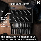 Premium Pocket Knife Display Case for 50 Knives - Extra Large Wooden Knife Organizer, Storage & Holder with Unique Pillars, 2 Drawers - Knife Collection Box - Handcrafted for Men