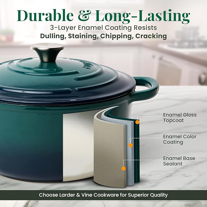 Larder & Vine Enameled Cast Iron 5.7qt Dutch Oven Pot with Lid | Bread Baking | Compatible on All Cooktops & Oven Safe to 500° F | Great for Sourdough Bread | Bondi