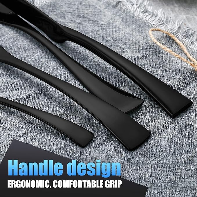 Lemeya 24-Piece Black Silverware Set for 6,Heavy Duty 18/10 Stainless Steel Cutlery Set with Forged Stand Knife,Modern Flatware Utensil Set,Forks Spoons and Knives Set,Mirror Polished,Dishwasher Safe