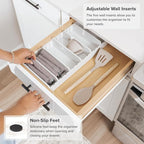 KitchenEdge Bamboo Kitchen Towel and Food-Storage Organizer, Perfect for Kitchen Drawers, Cabinets, Pantry, 5 Adjustable Wall Inserts, Non-Slip Feet, Organize Food Containers, Food-Safe White Finish