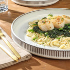 Gibson Elite 12 Piece (Service for 4) Townscape Plates and Bowls Reactive Glaze Embossed Round Dishes Terracotta Ceramic Dinnerware Set - Cream White