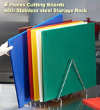 CURTA 6-Piece NSF 24" x 18" x 1/2" Multi-Colored Flexible Cutting Board Kit with Stainless steel Storage Rack, Color Coded Plastic Chopping Board with Anti Slip Surface Dishwasher Safe