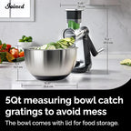 Joined Stainless Steel Rotary Cheese Grater with Elevated Stand and 5 Qt Mixing Bowl - Mandoline Slicer with 3 Stainless Steel Drum Blades-Cheese Shredder Round Mandoline & Food Chopper with Peeler