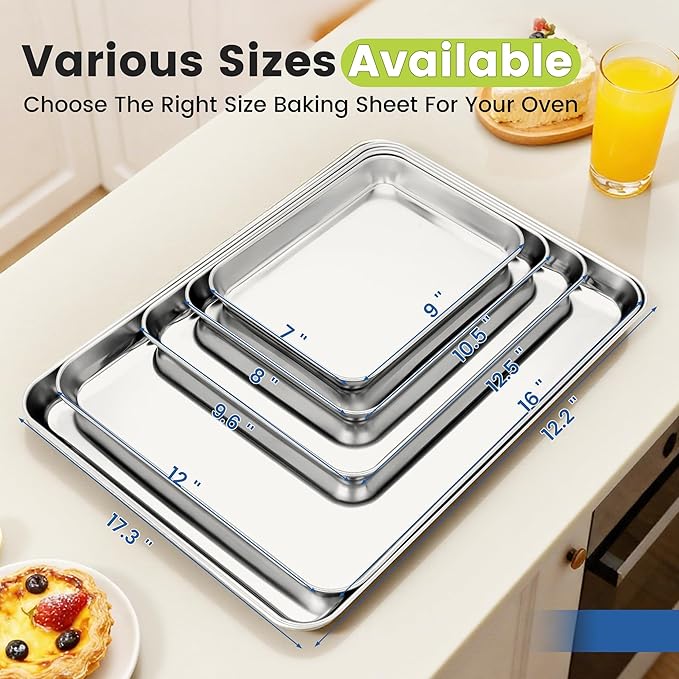 12 Pack Stainless Steel Baking Sheet Pans, 17.3" L × 12.2" W × 1" H Cookie Sheets for Toaster Oven, Rust-Resistant, Dishwasher Safe