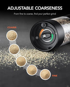 FORLIM Electric Salt and Pepper Grinder Set, USB Rechargeable, Automatic Salt Pepper Mill Grinder with Dust Cover, One-Button Control, Adjustable Coarseness, Warm LED Light (2 Packs, Black)