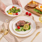 bUCLA 100PCS Ivory Plastic Plates with Gold Rim - Heavy Duty Cream Disposable Include 50 Dinner 10 inch & 50 Dessert 7 inch, for Party & Thanksgiving