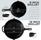 Cast Iron Skillet Set - 8" + 12"-Inch Frying Pan - Pre-Seasoned Oven Safe Cookware + 2 Heat-Resistant Handle Holder Grips - Indoor/Outdoor Use - Grill, Stovetop, BBQ, Camping Fire Pit, Induction Safe