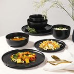 Gibson Elite James Street Stoneware Matte Reactive Double Bowl Dinnerware Set - Pepper Black, Service for 4 (16pcs)