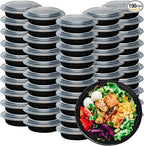 Klex 16 Oz, 150 Sets Meal Prep Containers with Airtight Lids, BPA Free, Reusable Plastic Food Container, 16 oz, Round, Black/Clear, 150 Sets