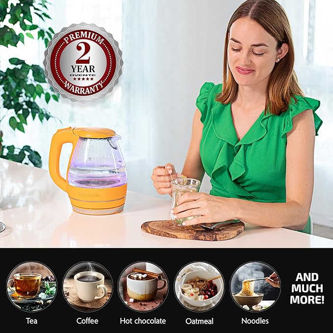OVENTE Electric Kettle, 1.5L Borosilicate Glass Countertop Water Heater and Boiler for Coffee or Tea, BPA-Free, Auto Shut-Off, Boil-Dry Protection, Removable and Washable Spout Filter, Orange KG83O