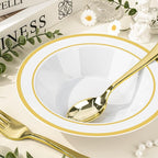 BESTVIP 50 Pack Plastic Bowls with Gold Rim, 12 oz Disposable Soup Bowls, Heavy-duty Dessert Salad Bowl for Party, Wedding, Christmas, Thanksgiving, Dinner, Catering