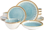Gibson Elite Mayfair Bay 16-Piece Embossed Double Bowl Dinnerware Set, Service for 4 – Blue Stoneware Plates and Bowls