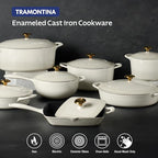 Tramontina Bestow Enameled Cast Iron Oval Dutch Oven Pot with Lid, Large 7-quart, Latte (Gold Knob)