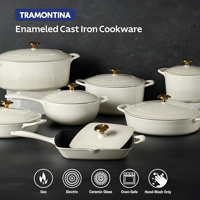 Tramontina Bestow Enameled Cast Iron Dutch Oven Pot with Lid, Round 6.5-quart, Latte (Gold Knob)