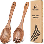 Wooden Spoons for Cooking, 2pcs Teak Salad Kit, Wooden Salad Servers, Wood Salad Serving Utensils Set, Wooden Salad Spoon Fork Set for Serving, Mixing, Tossing, Stirring,10.5″