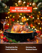 Enamel Granite Roasting Pan with Lid 18 Inch with Rack, Extra Large Deep Oven Baking Pot, NonStick Oval Carbon Steel Potato Roaster Pan for Turkey Chicken Steak NonToxic Perfect for Party Thanksgiving