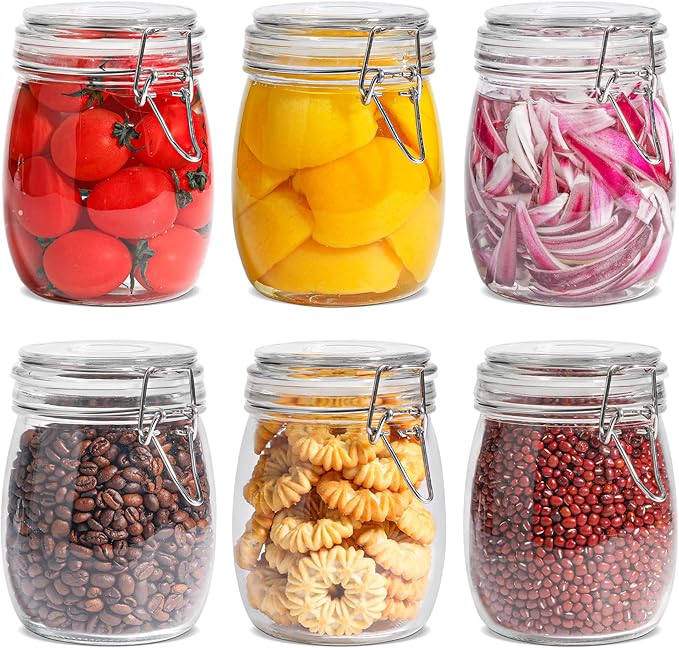 ComSaf 25oz Airtight Glass Canisters with Lids Set of 6, Round Food Storage Jar Container with Clamp Lids for Kitchen Canning Cereal Coffee Pasta Sugar Beans Spice, Clear Mason Jars with 12 Labels