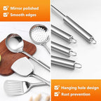 E-far Stainless Steel Cooking Utensils, 4-Piece Heat Resistant Kitchen Utensils Set, Non-toxic Metal Kitchen Tools Spatulas Set Including Soup Ladle, Slotted/Solid Turner, Skimmer, Dishwasher Safe